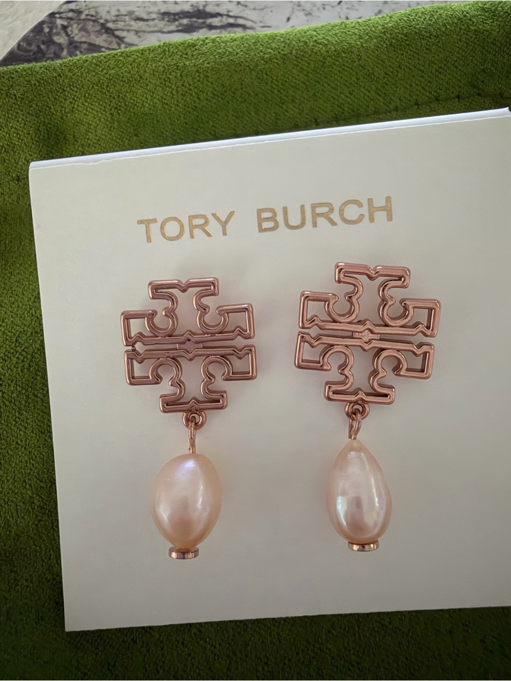 Tory Burch Rose Gold Logo Drop Earrings with Pink Pearl Drops